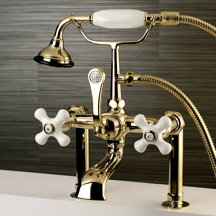 Kingston Heirloom AE111T2 - Aqua Vintage Three-Handle 2-Hole Deck-Mount Clawfoot Tub Faucet with Hand Shower, Polished Brass