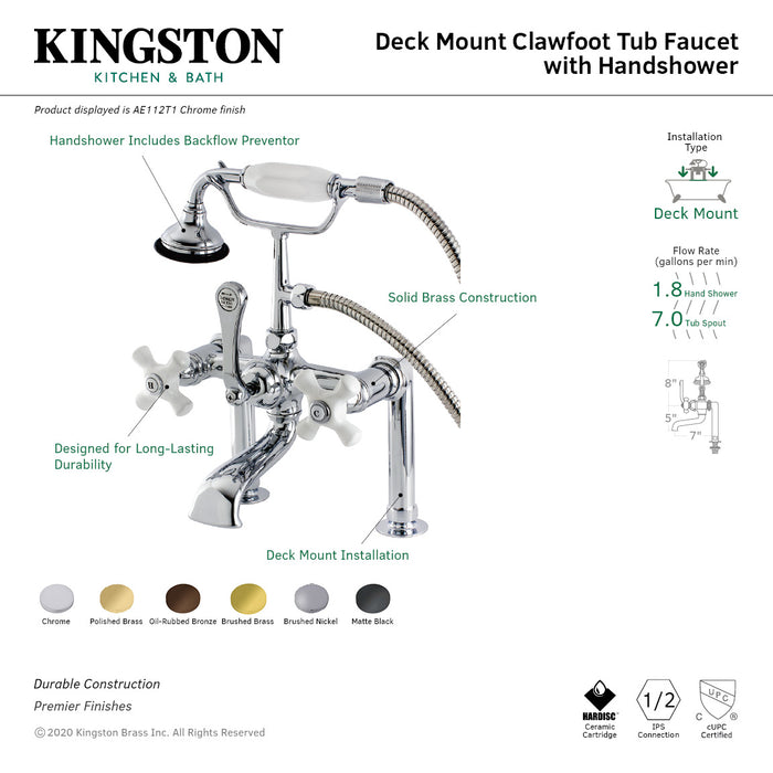 Kingston Heirloom AE111T7 - Aqua Vintage Three-Handle 2-Hole Deck-Mount Clawfoot Tub Faucet with Hand Shower, Brushed Brass