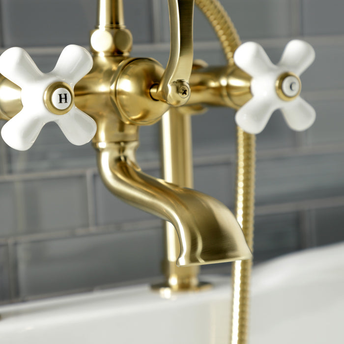 Kingston Heirloom AE111T7 - Aqua Vintage Three-Handle 2-Hole Deck-Mount Clawfoot Tub Faucet with Hand Shower, Brushed Brass