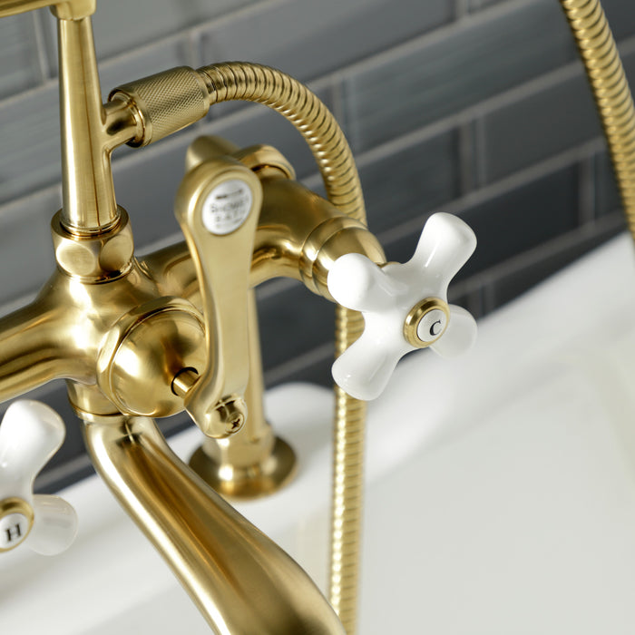 Kingston Heirloom AE111T7 - Aqua Vintage Three-Handle 2-Hole Deck-Mount Clawfoot Tub Faucet with Hand Shower, Brushed Brass