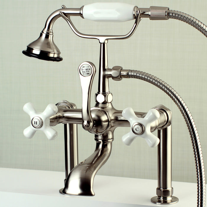 Kingston Heirloom AE111T8 - Aqua Vintage Three-Handle 2-Hole Deck-Mount Clawfoot Tub Faucet with Hand Shower, Brushed Nickel