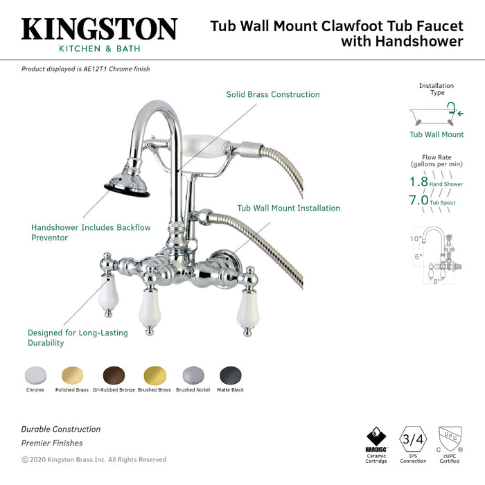 Kingston Heirloom AE11T2 - Aqua Vintage Three-Handle 2-Hole Tub Wall Mount Clawfoot Tub Faucet with Hand Shower, Polished Brass