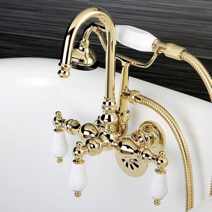 Kingston Heirloom AE11T2 - Aqua Vintage Three-Handle 2-Hole Tub Wall Mount Clawfoot Tub Faucet with Hand Shower, Polished Brass
