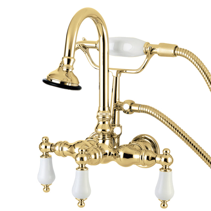 Kingston Heirloom AE11T2 - Aqua Vintage Three-Handle 2-Hole Tub Wall Mount Clawfoot Tub Faucet with Hand Shower, Polished Brass