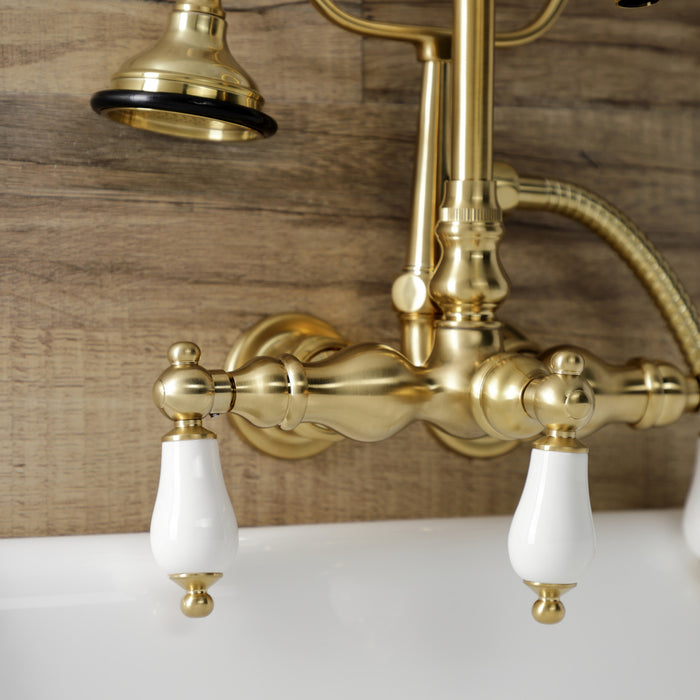 Kingston Heirloom AE11T7 - Aqua Vintage Three-Handle 2-Hole Tub Wall Mount Clawfoot Tub Faucet with Hand Shower, Brushed Brass