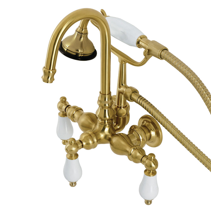 Kingston Heirloom AE11T7 - Aqua Vintage Three-Handle 2-Hole Tub Wall Mount Clawfoot Tub Faucet with Hand Shower, Brushed Brass