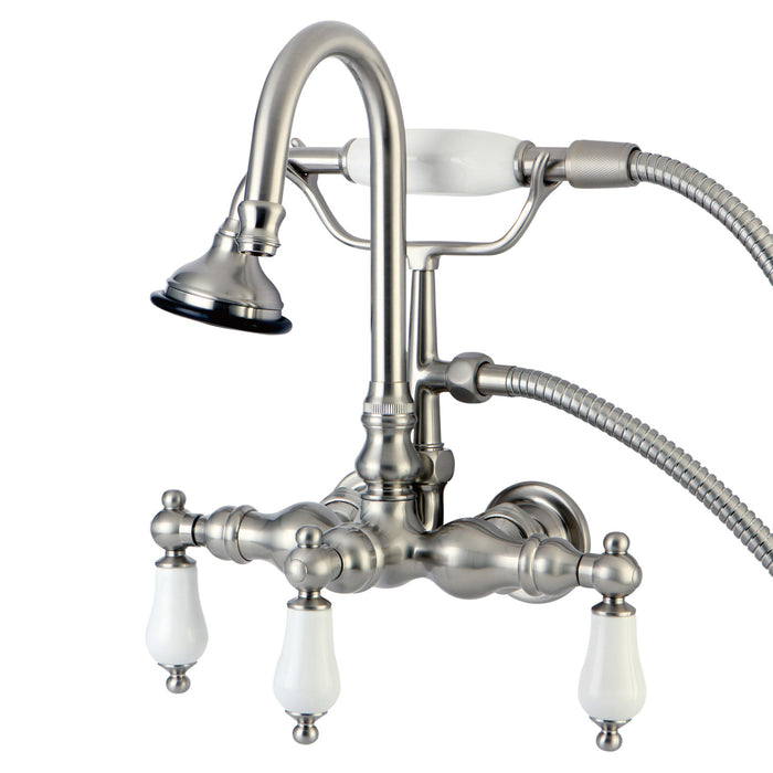 Kingston Heirloom AE11T8 - Aqua Vintage Three-Handle 2-Hole Tub Wall Mount Clawfoot Tub Faucet with Hand Shower, Brushed Nickel