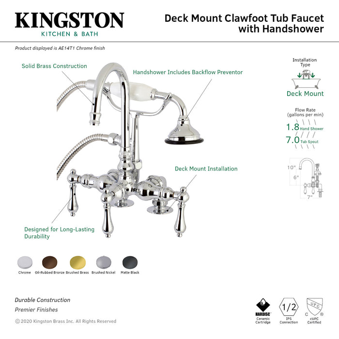 Kingston Tulare AE13T0 - Aqua Vintage Three-Handle 2-Hole Deck-Mount Clawfoot Tub Faucet with Hand Shower, Matte Black