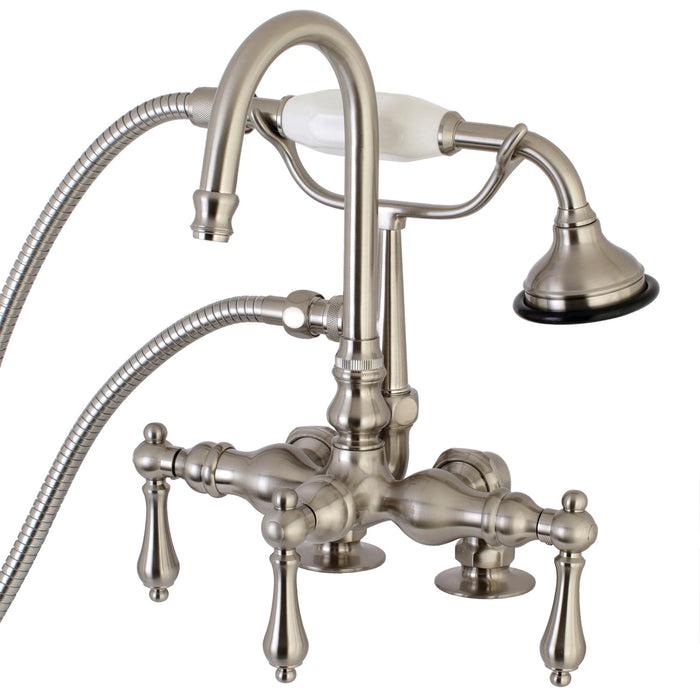 Kingston Tulare AE13T8 - Aqua Vintage Three-Handle 2-Hole Deck-Mount Clawfoot Tub Faucet with Hand Shower, Brushed Nickel