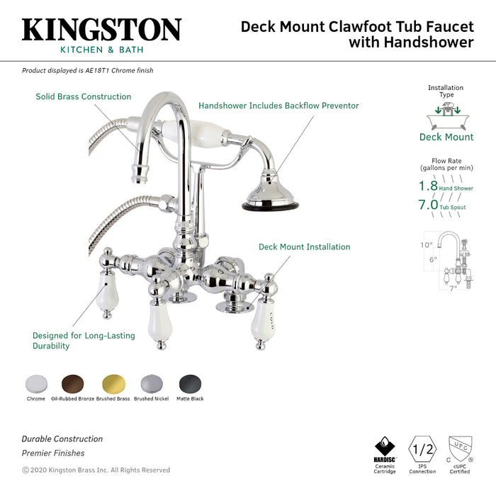 Kingston Heirloom AE17T0 - Aqua Vintage Three-Handle 2-Hole Deck-Mount Clawfoot Tub Faucet with Hand Shower, Matte Black