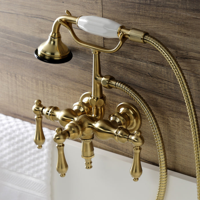 Kingston Heirloom AE19T7 - Aqua Vintage Three-Handle 2-Hole Tub Wall Mount Clawfoot Tub Faucet with Hand Shower, Brushed Brass