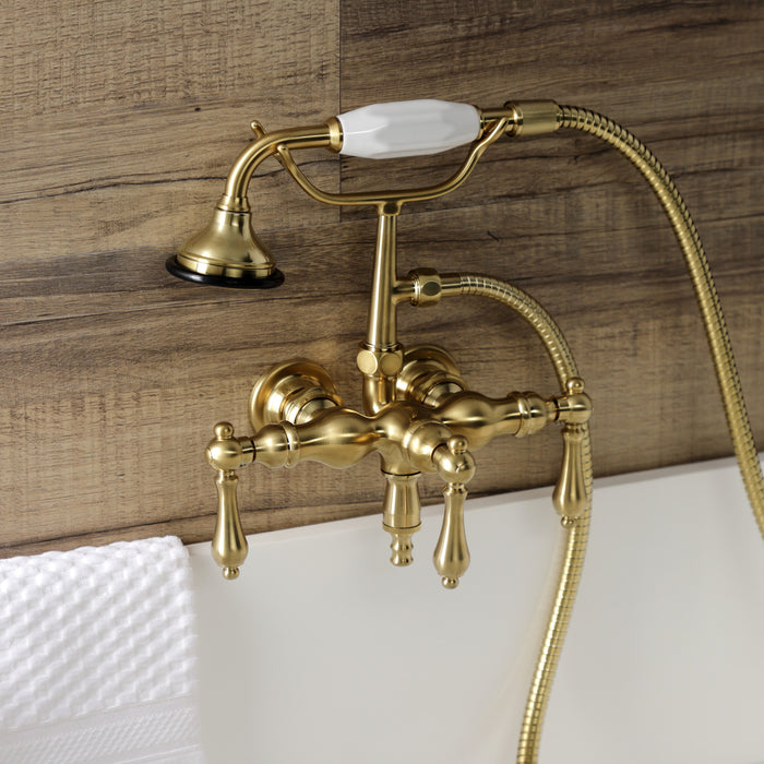Kingston Heirloom AE19T7 - Aqua Vintage Three-Handle 2-Hole Tub Wall Mount Clawfoot Tub Faucet with Hand Shower, Brushed Brass