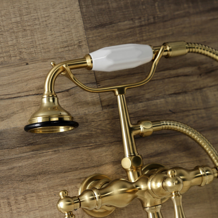 Kingston Heirloom AE19T7 - Aqua Vintage Three-Handle 2-Hole Tub Wall Mount Clawfoot Tub Faucet with Hand Shower, Brushed Brass