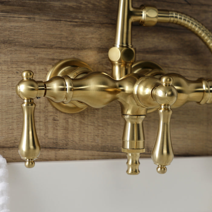 Kingston Heirloom AE19T7 - Aqua Vintage Three-Handle 2-Hole Tub Wall Mount Clawfoot Tub Faucet with Hand Shower, Brushed Brass