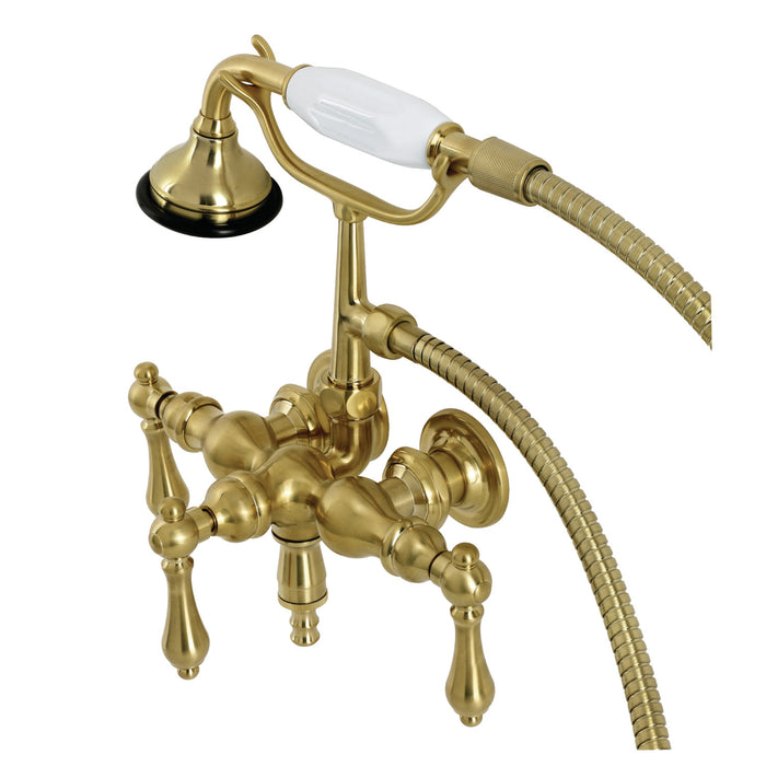 Kingston Heirloom AE19T7 - Aqua Vintage Three-Handle 2-Hole Tub Wall Mount Clawfoot Tub Faucet with Hand Shower, Brushed Brass