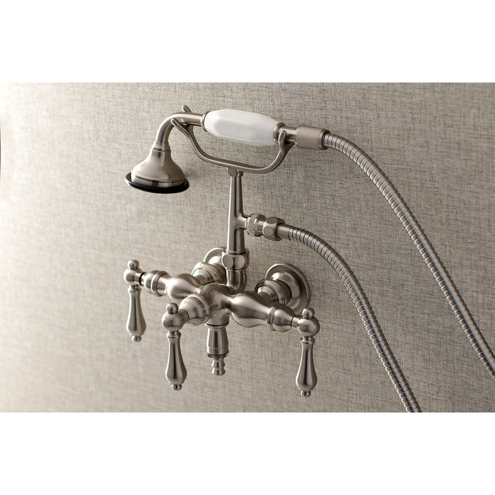 Kingston Heirloom AE19T8 - Aqua Vintage Three-Handle 2-Hole Tub Wall Mount Clawfoot Tub Faucet with Hand Shower, Brushed Nickel