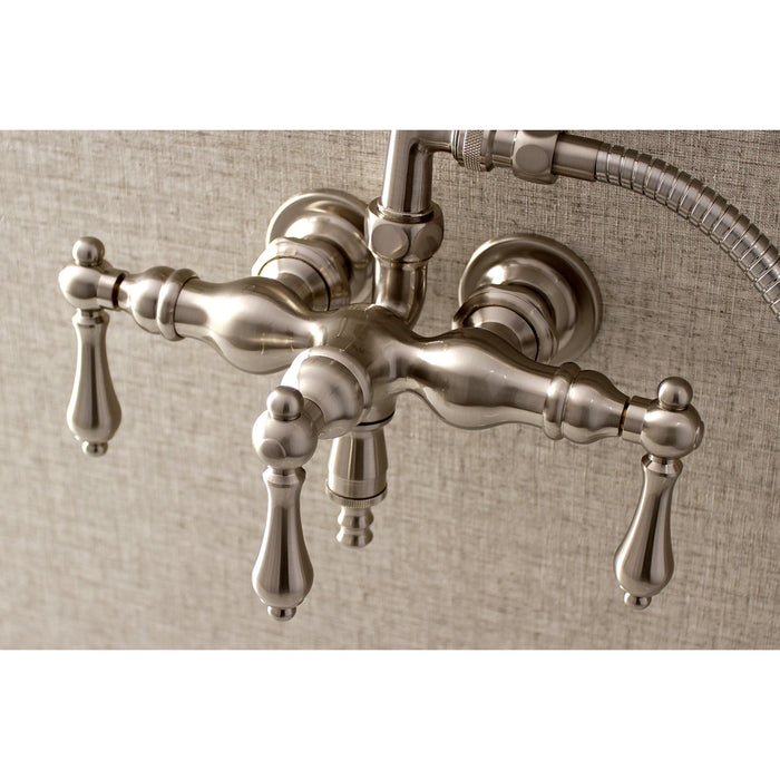 Kingston Heirloom AE19T8 - Aqua Vintage Three-Handle 2-Hole Tub Wall Mount Clawfoot Tub Faucet with Hand Shower, Brushed Nickel
