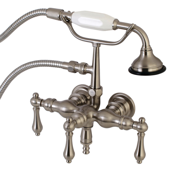 Kingston Heirloom AE19T8 - Aqua Vintage Three-Handle 2-Hole Tub Wall Mount Clawfoot Tub Faucet with Hand Shower, Brushed Nickel