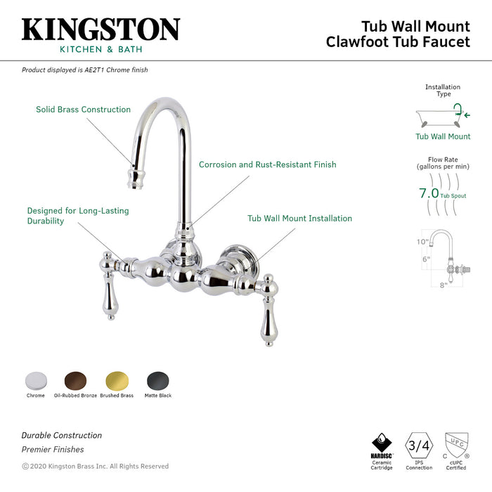 Kingston Tulare AE1T0 - Aqua Vintage Two-Handle 2-Hole Tub Wall Mount Clawfoot Tub Faucet, Matte Black