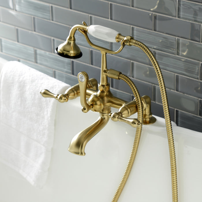Kingston Heirloom AE203T7 - Aqua Vintage Three-Handle 2-Hole Deck-Mount Clawfoot Tub Faucet with Hand Shower, Brushed Brass