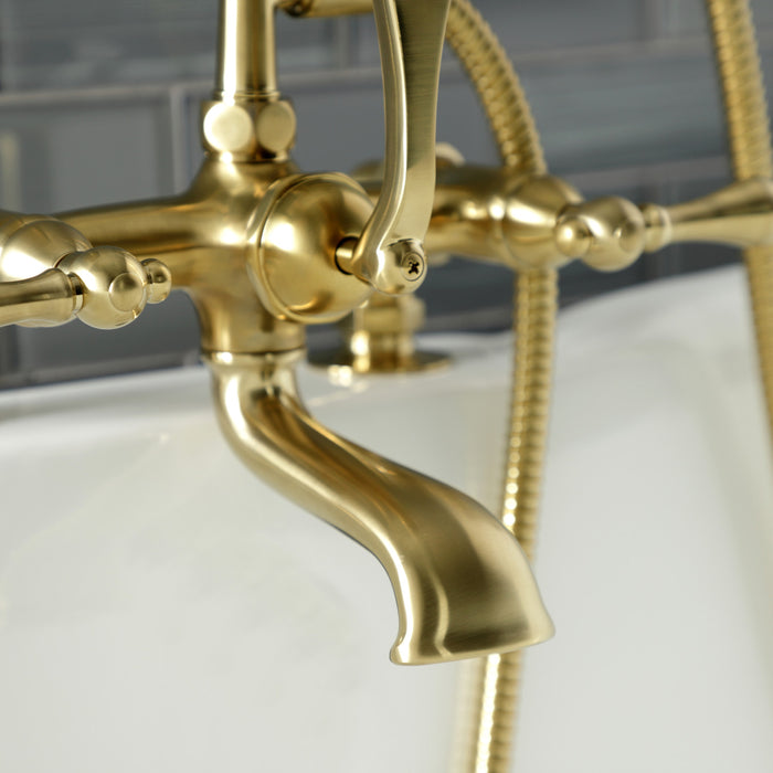 Kingston Heirloom AE203T7 - Aqua Vintage Three-Handle 2-Hole Deck-Mount Clawfoot Tub Faucet with Hand Shower, Brushed Brass