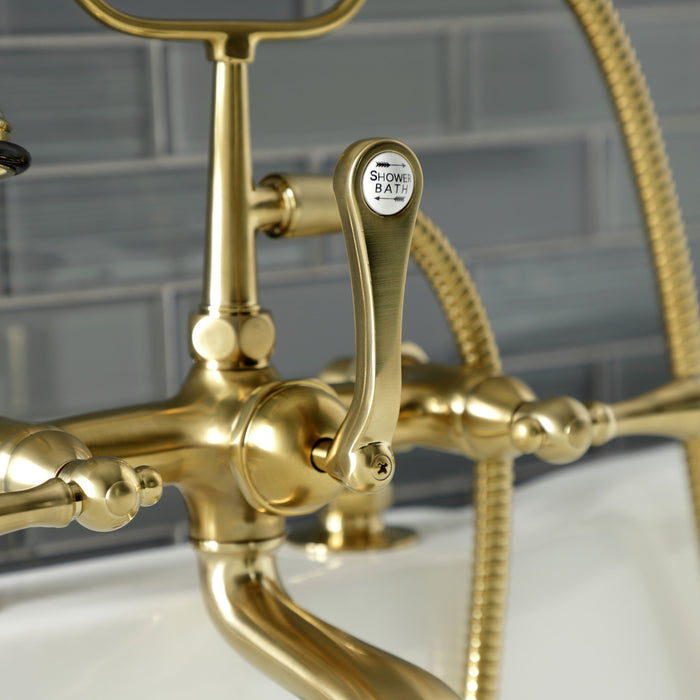 Kingston Heirloom AE203T7 - Aqua Vintage Three-Handle 2-Hole Deck-Mount Clawfoot Tub Faucet with Hand Shower, Brushed Brass