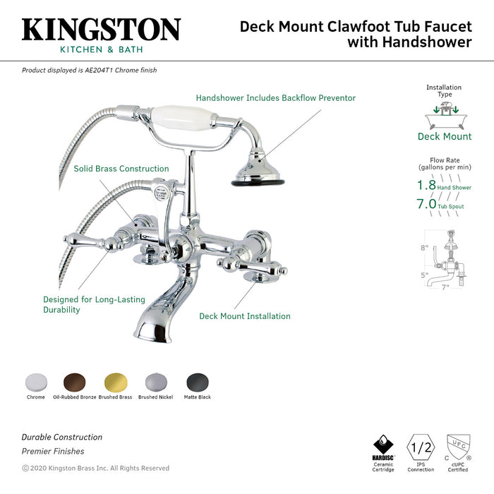 Kingston Heirloom AE204T1 - Aqua Vintage Three-Handle 2-Hole Deck-Mount Clawfoot Tub Faucet with Hand Shower, Polished Chrome