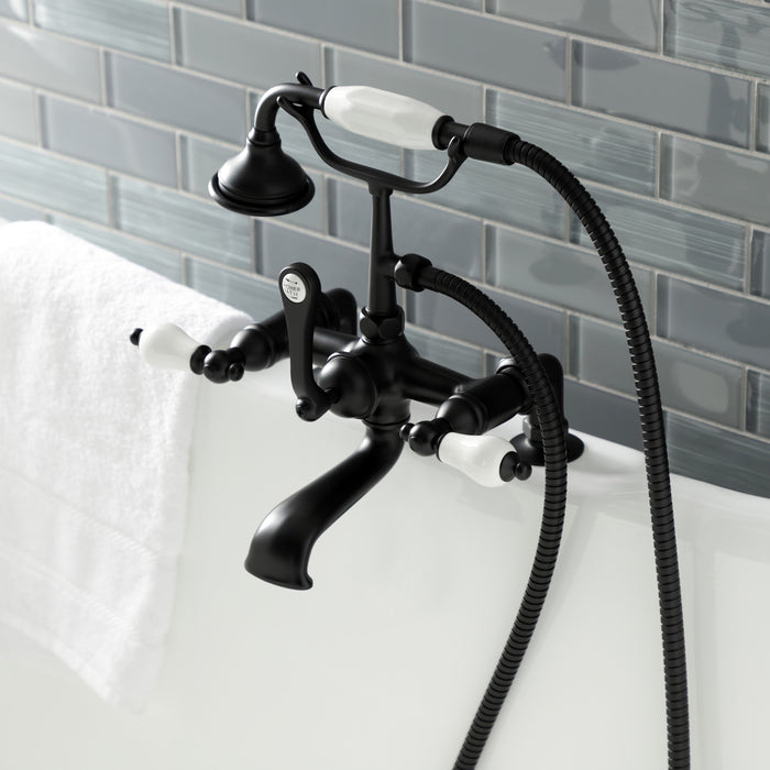 Kingston Heirloom AE205T0 - Aqua Vintage Three-Handle 2-Hole Deck-Mount Clawfoot Tub Faucet with Hand Shower, Matte Black