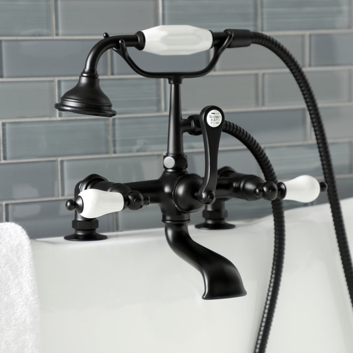 Kingston Heirloom AE205T0 - Aqua Vintage Three-Handle 2-Hole Deck-Mount Clawfoot Tub Faucet with Hand Shower, Matte Black