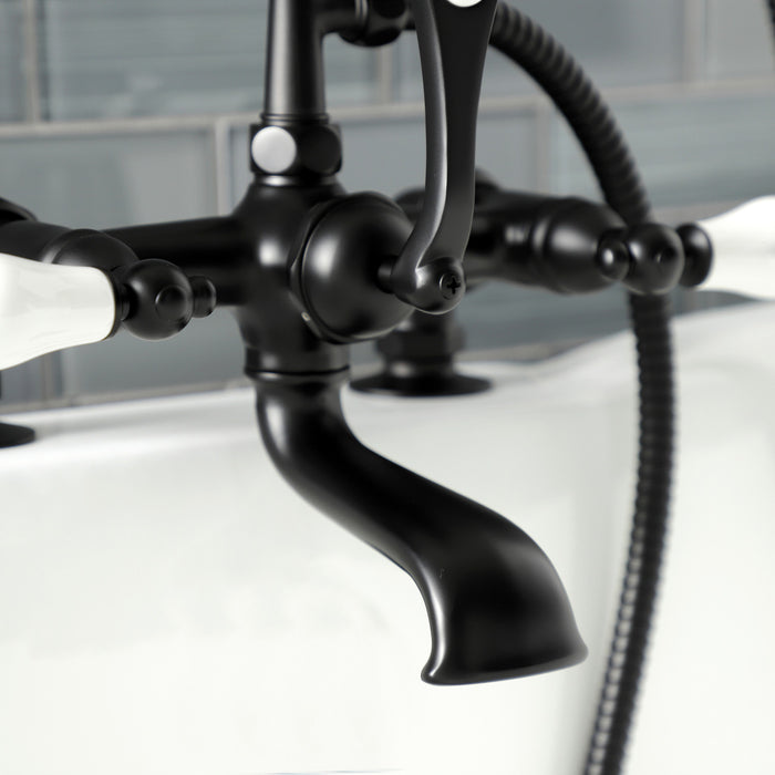 Kingston Heirloom AE205T0 - Aqua Vintage Three-Handle 2-Hole Deck-Mount Clawfoot Tub Faucet with Hand Shower, Matte Black