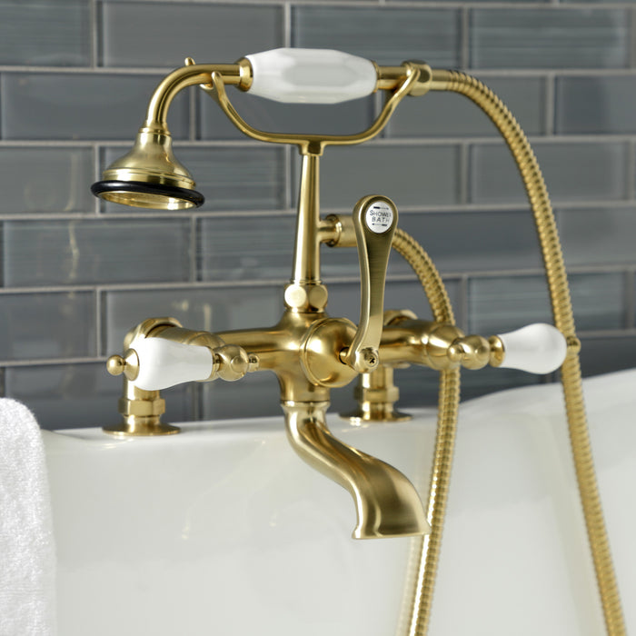 Kingston Heirloom AE205T7 - Aqua Vintage Three-Handle 2-Hole Deck-Mount Clawfoot Tub Faucet with Hand Shower, Brushed Brass