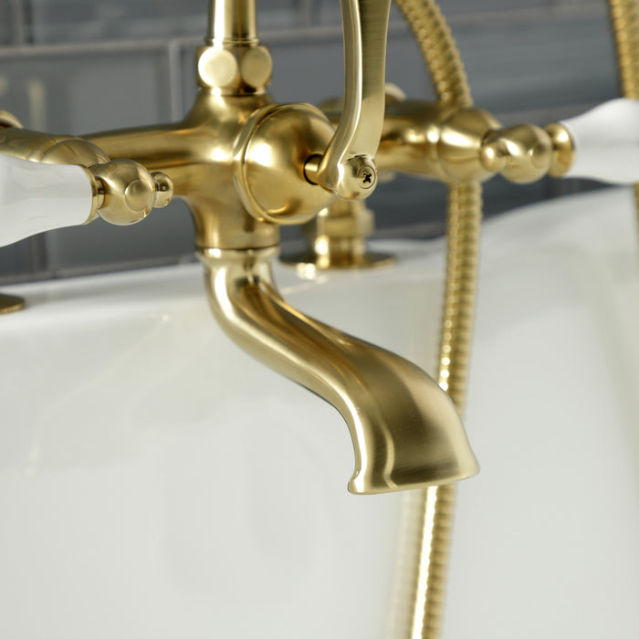 Kingston Heirloom AE205T7 - Aqua Vintage Three-Handle 2-Hole Deck-Mount Clawfoot Tub Faucet with Hand Shower, Brushed Brass