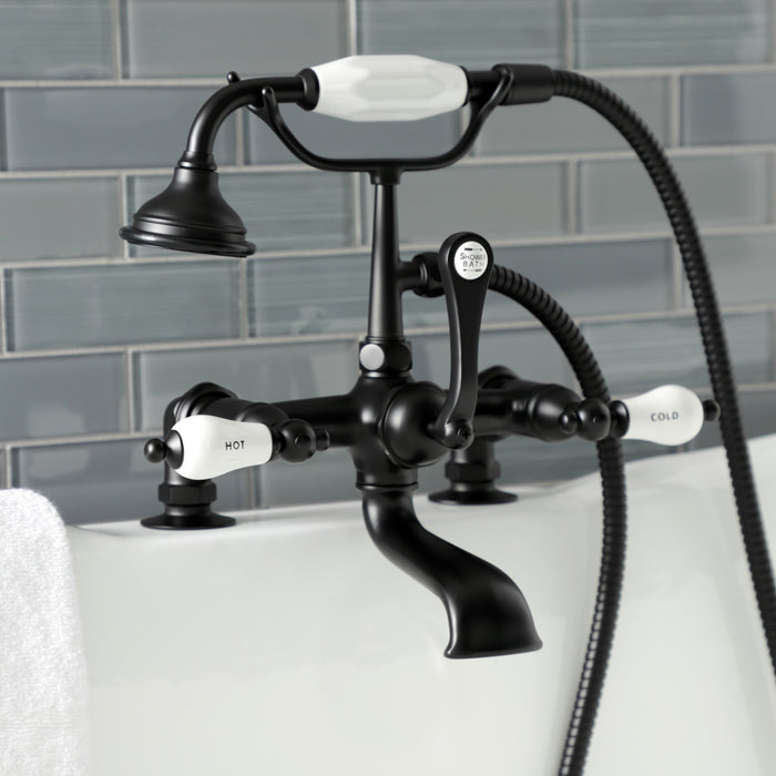 Kingston Heirloom AE207T0 - Aqua Vintage Three-Handle 2-Hole Deck-Mount Clawfoot Tub Faucet with Hand Shower, Matte Black