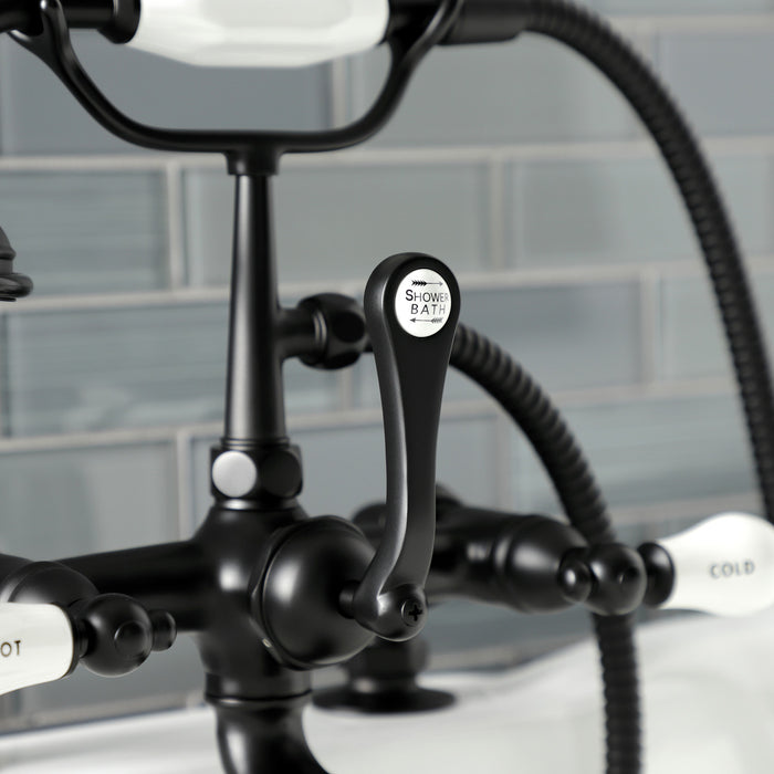 Kingston Heirloom AE207T0 - Aqua Vintage Three-Handle 2-Hole Deck-Mount Clawfoot Tub Faucet with Hand Shower, Matte Black