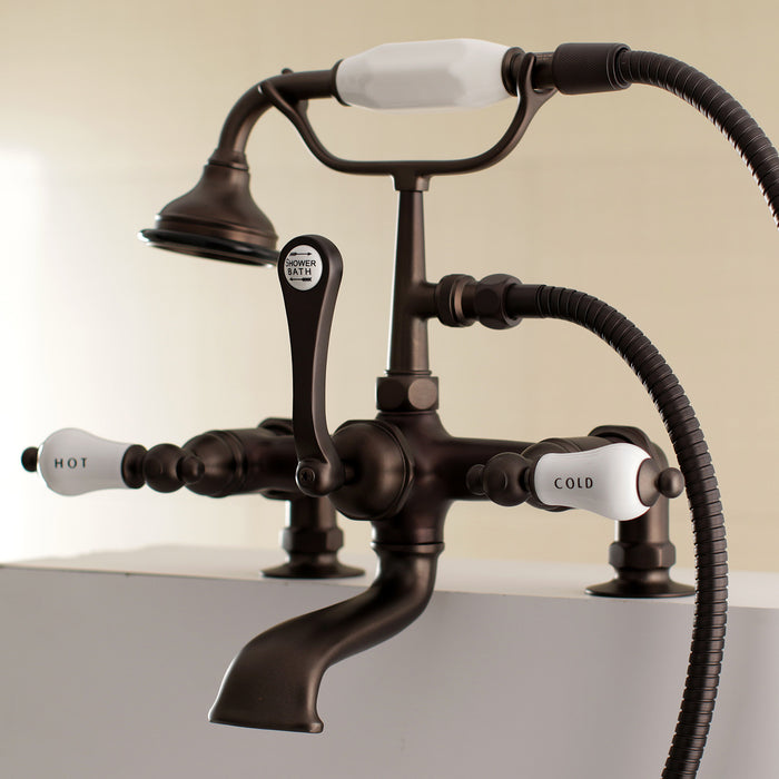 Kingston Heirloom AE207T5 - Aqua Vintage Three-Handle 2-Hole Deck-Mount Clawfoot Tub Faucet with Hand Shower, Oil Rubbed Bronze