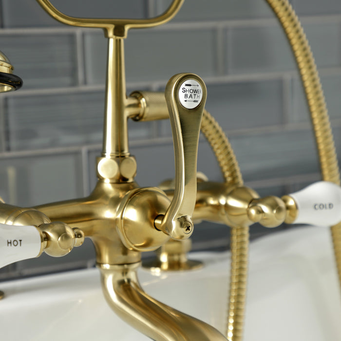 Kingston Heirloom AE207T7 - Aqua Vintage Three-Handle 2-Hole Deck-Mount Clawfoot Tub Faucet with Hand Shower, Brushed Brass