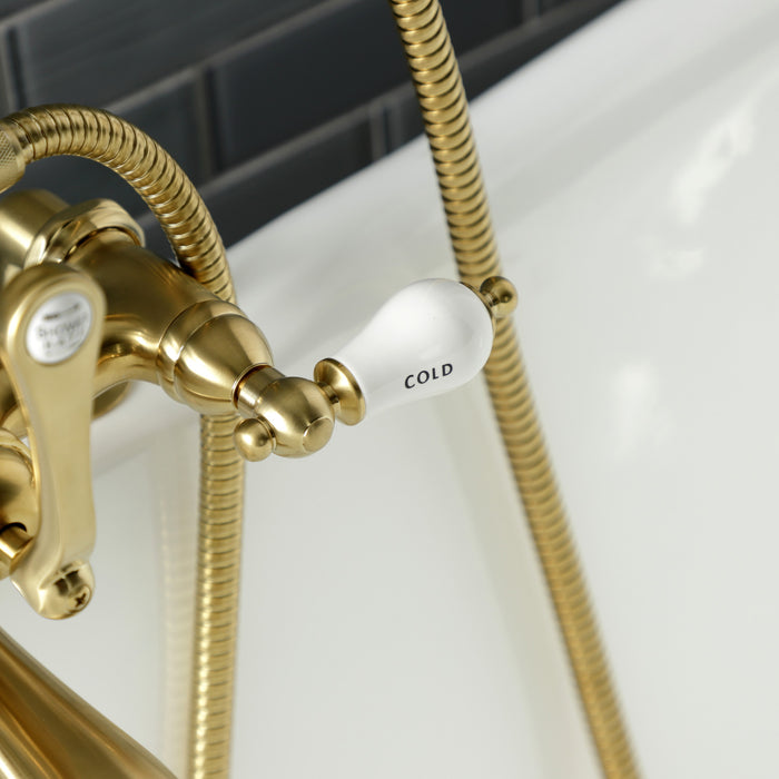 Kingston Heirloom AE207T7 - Aqua Vintage Three-Handle 2-Hole Deck-Mount Clawfoot Tub Faucet with Hand Shower, Brushed Brass