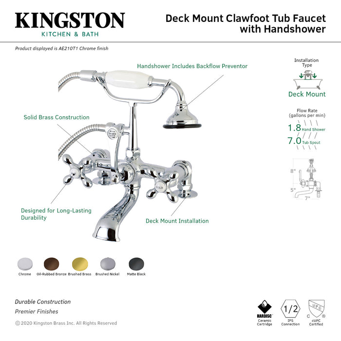 Kingston Heirloom AE209T8 - Aqua Vintage Three-Handle 2-Hole Deck-Mount Clawfoot Tub Faucet with Hand Shower, Brushed Nickel