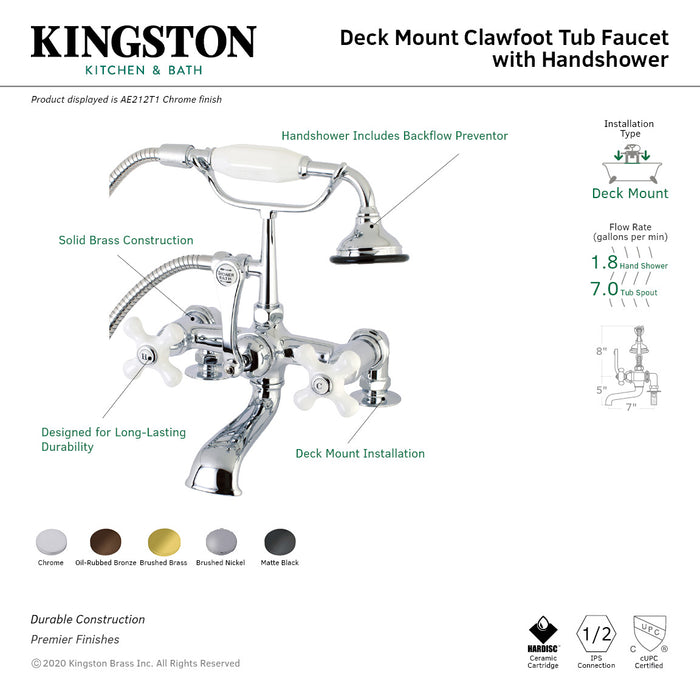 Kingston Heirloom AE211T8 - Aqua Vintage Three-Handle 2-Hole Deck-Mount Clawfoot Tub Faucet with Hand Shower, Brushed Nickel