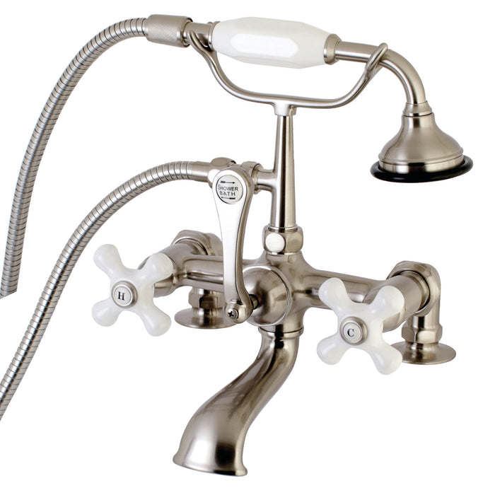Kingston Heirloom AE211T8 - Aqua Vintage Three-Handle 2-Hole Deck-Mount Clawfoot Tub Faucet with Hand Shower, Brushed Nickel