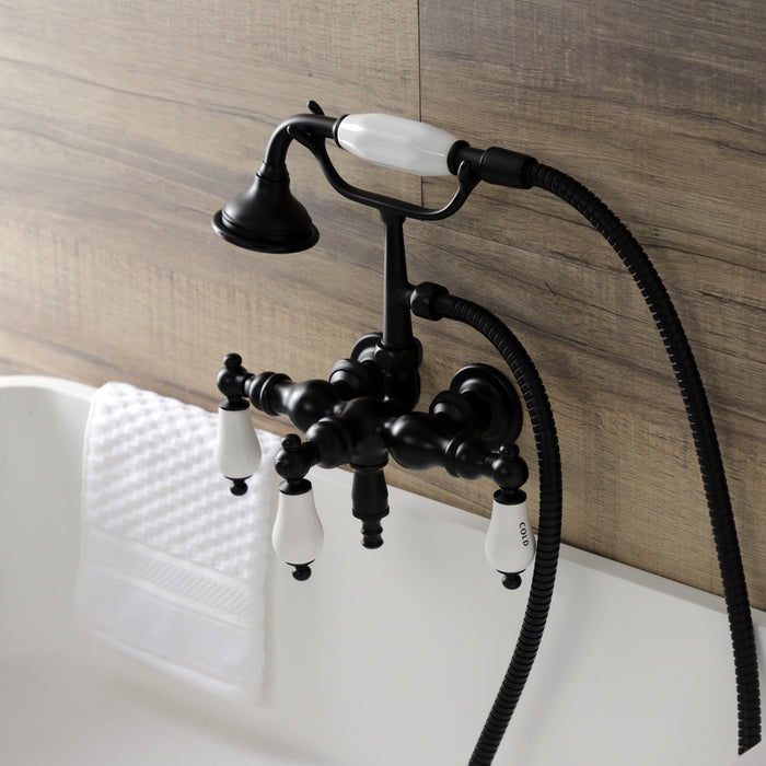 Kingston Heirloom AE21T0 - Aqua Vintage Three-Handle 2-Hole Tub Wall Mount Clawfoot Tub Faucet with Hand Shower, Matte Black