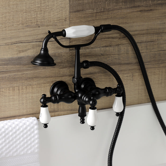 Kingston Heirloom AE21T0 - Aqua Vintage Three-Handle 2-Hole Tub Wall Mount Clawfoot Tub Faucet with Hand Shower, Matte Black