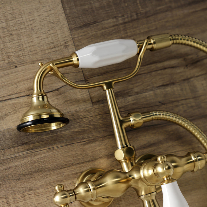 Kingston Heirloom AE21T7 - Aqua Vintage Three-Handle 2-Hole Tub Wall Mount Clawfoot Tub Faucet with Hand Shower, Brushed Brass