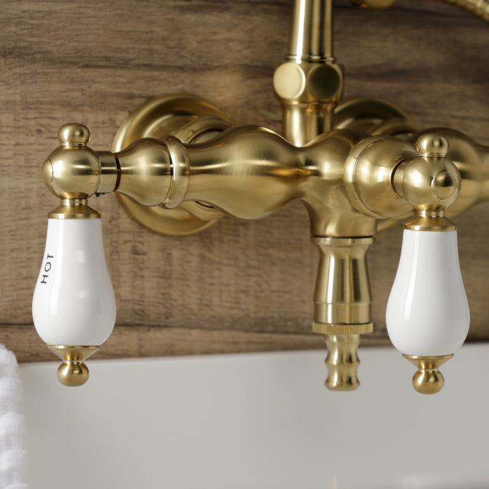 Kingston Heirloom AE21T7 - Aqua Vintage Three-Handle 2-Hole Tub Wall Mount Clawfoot Tub Faucet with Hand Shower, Brushed Brass