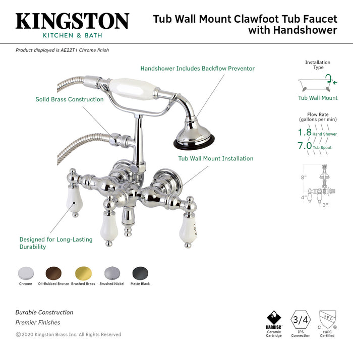 Kingston Heirloom AE21T8 - Aqua Vintage Three-Handle 2-Hole Tub Wall Mount Clawfoot Tub Faucet with Hand Shower, Brushed Nickel