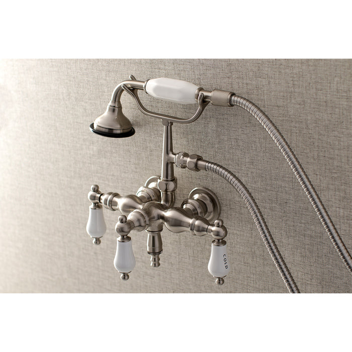 Kingston Heirloom AE21T8 - Aqua Vintage Three-Handle 2-Hole Tub Wall Mount Clawfoot Tub Faucet with Hand Shower, Brushed Nickel
