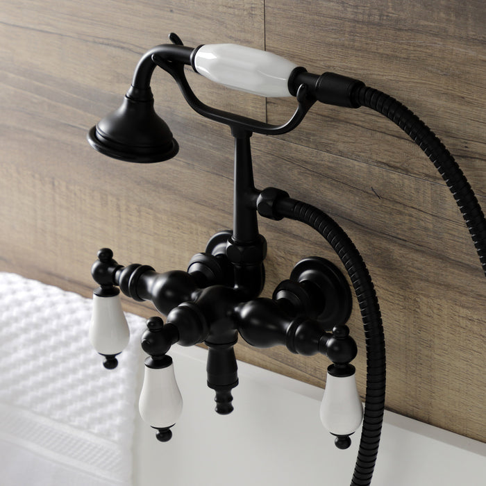 Kingston Heirloom AE23T0 - Aqua Vintage Three-Handle 2-Hole Tub Wall Mount Clawfoot Tub Faucet with Hand Shower, Matte Black