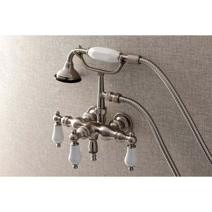 Kingston Heirloom AE23T8 - Aqua Vintage Three-Handle 2-Hole Tub Wall Mount Clawfoot Tub Faucet with Hand Shower, Brushed Nickel