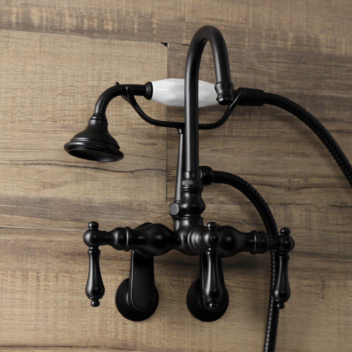 Kingston Heirloom AE301T0 - Aqua Vintage Three-Handle 2-Hole Tub Wall Mount Clawfoot Tub Faucet with Hand Shower, Matte Black