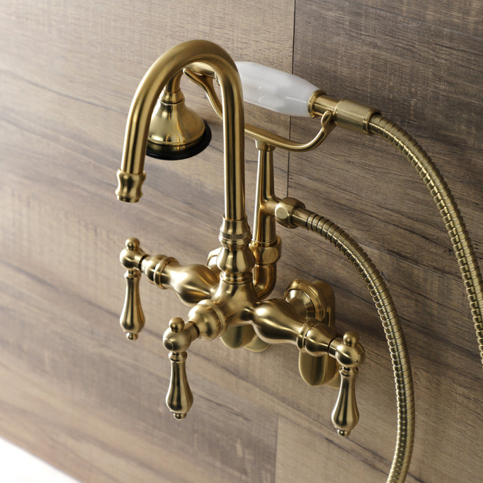 Kingston Heirloom AE301T7 - Aqua Vintage Three-Handle 2-Hole Tub Wall Mount Clawfoot Tub Faucet with Hand Shower, Brushed Brass